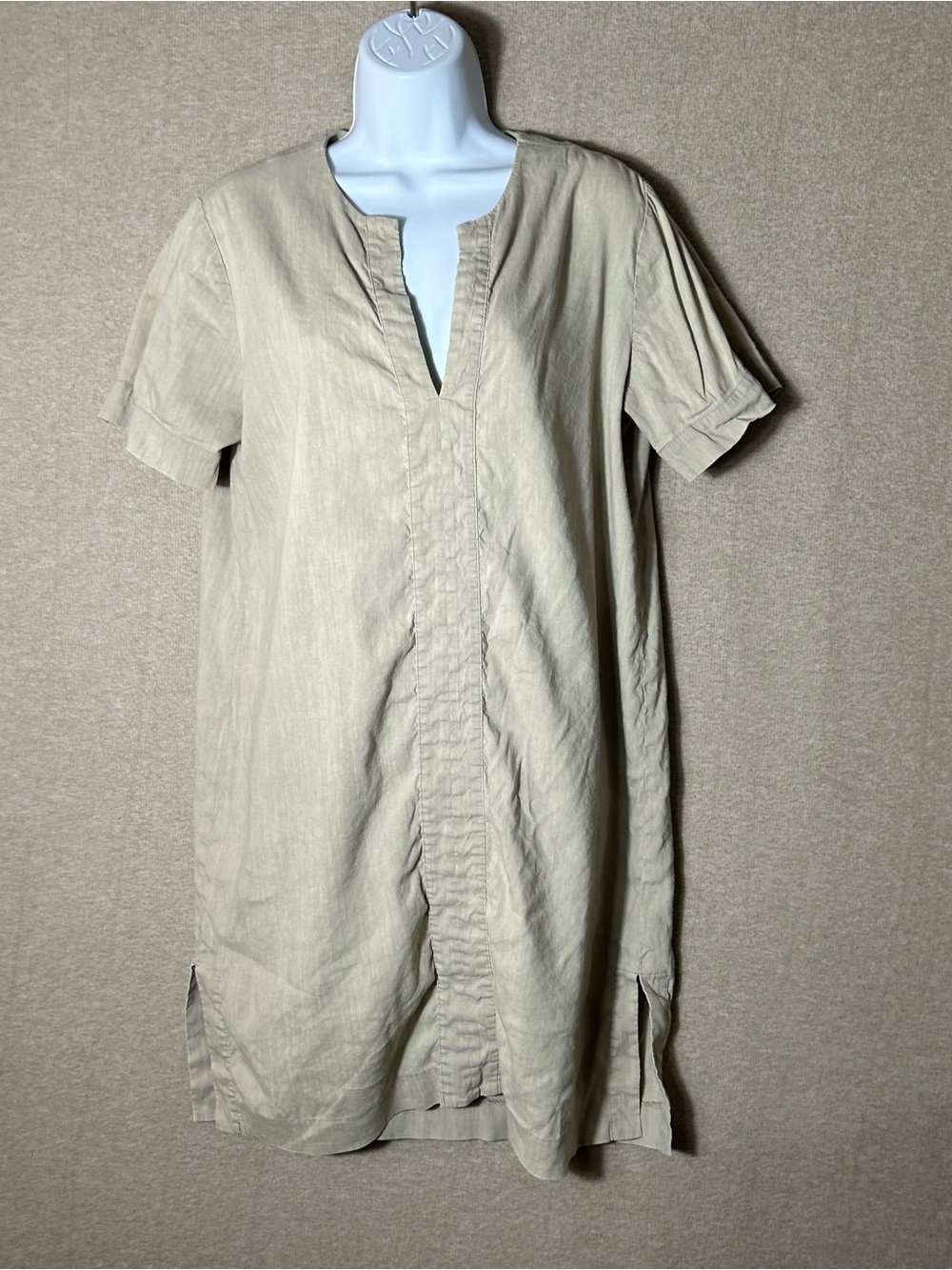 Theory Linen Blend Dress Womens Medium Beige Shift Short Sleeve Beach Coastal